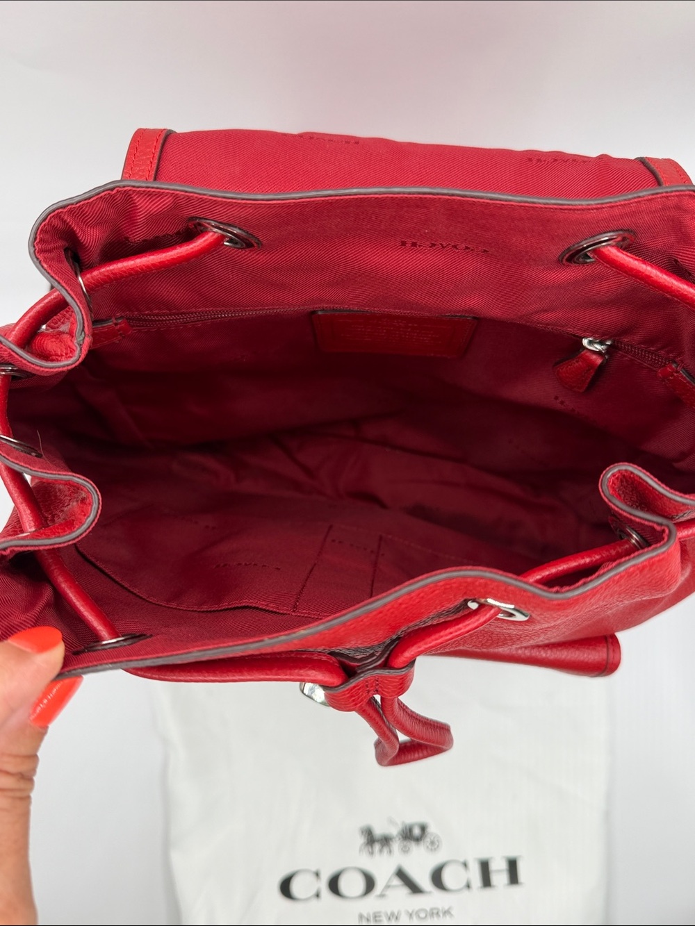 Coach Red Pebbled Leather Drawstring Backpack with Front Pockets - Picture 4 of 16